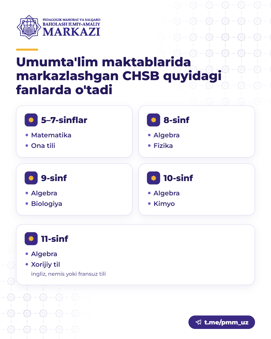 O‘quvchilar CHSBni qaysi fanlardan topshiradi?